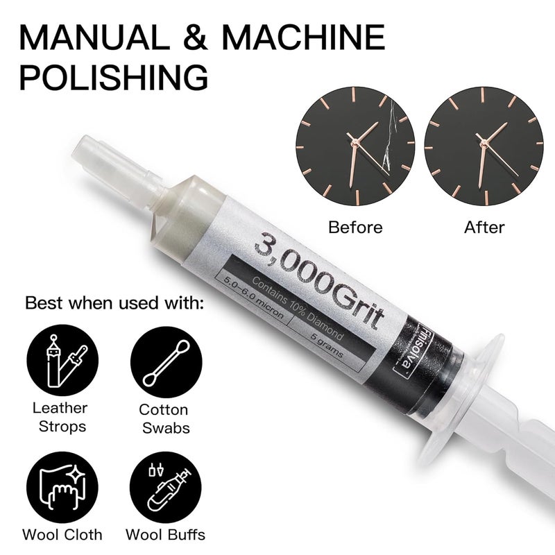 Finisolva 8 Pack Diamond Polishing Compound Genuine 10% Concentration Diamond Paste Kit 80,000 to 320 Grit Lapping Stropping Compound for Glass Watch Metal Knife Ring Jewelry Rock Resin Scratch Remover Repair - Image 5